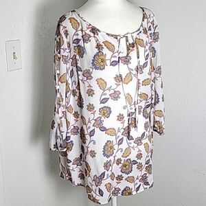 Como Blu White Top Blue & Orange Floral with Open-cut Sleeves, Size 1X
